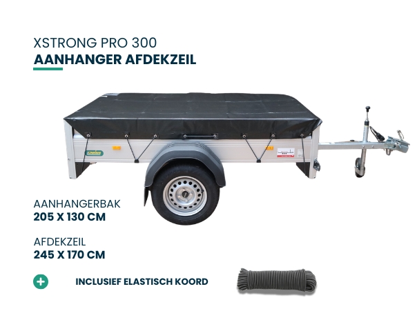 Xstrong Pro 300 aanhanger afdekzeil voor aanhangerbak 205 x 130 cm, afdekzeilmaat 245 x 170 cm inclusief elastisch koord.