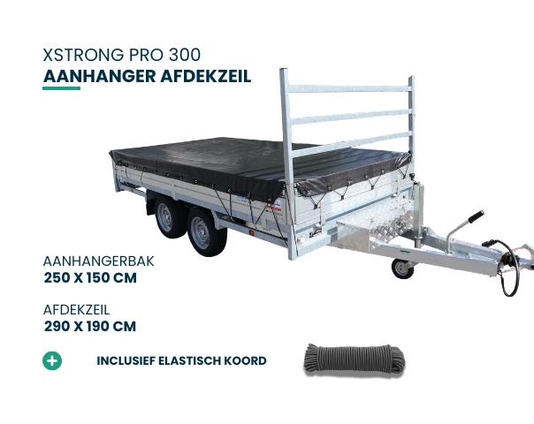 Xstrong Pro 300 aanhanger afdekzeil voor aanhangerbak 250 x 150 cm, afdekzeilmaat 290 x 190 cm inclusief elastisch koord.