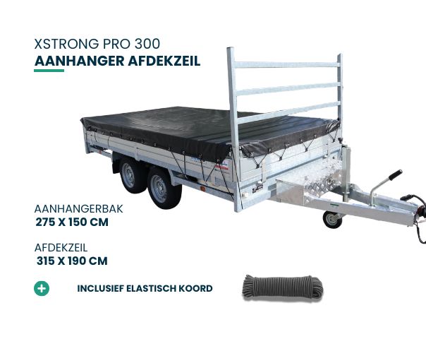 Xstrong Pro 300 aanhanger afdekzeil voor aanhangerbak 275 x 150 cm, afdekzeilmaat 315 x 190 cm inclusief elastisch koord.