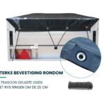 Xstrong Pro 300 aanhanger afdekzeil met ultrasoon gelaste ogen, RVS ringen om de 25 cm en elastisch koord voor sterke bevestiging rondom.