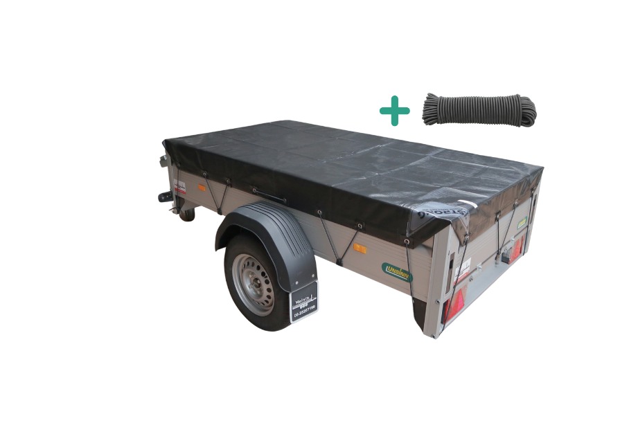 Kleine aanhanger volledig afgedekt met Xstrong Pro 300 zwart afdekzeil, duurzaam waterdicht aanhangerzeil inclusief elastisch span koord