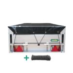 Zwart aanhangerzeil Xstrong Pro 300 achteraanzicht, waterdichte afdekking voor kleine aanhanger inclusief elastisch koord voor stevige bevestiging