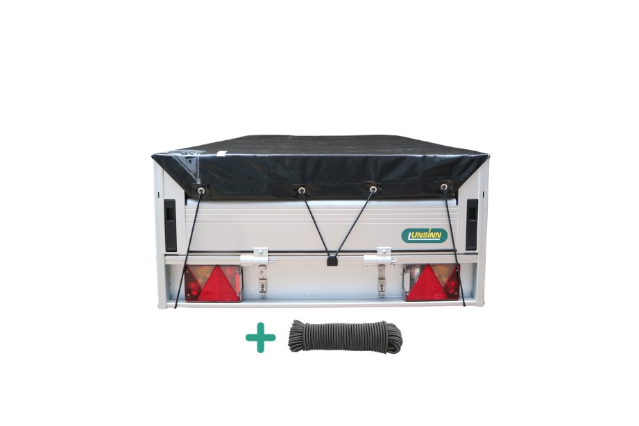 Zwart aanhangerzeil Xstrong Pro 300 achteraanzicht, waterdichte afdekking voor kleine aanhanger inclusief elastisch koord voor stevige bevestiging